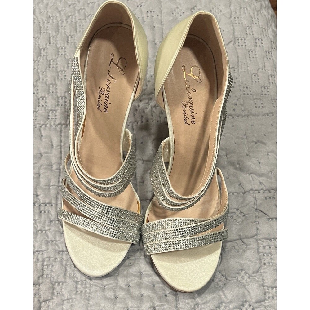 L. Lorraine Bridal Megan White Satin Heels With Rhinestone Straps Size 8.5 NWOB
